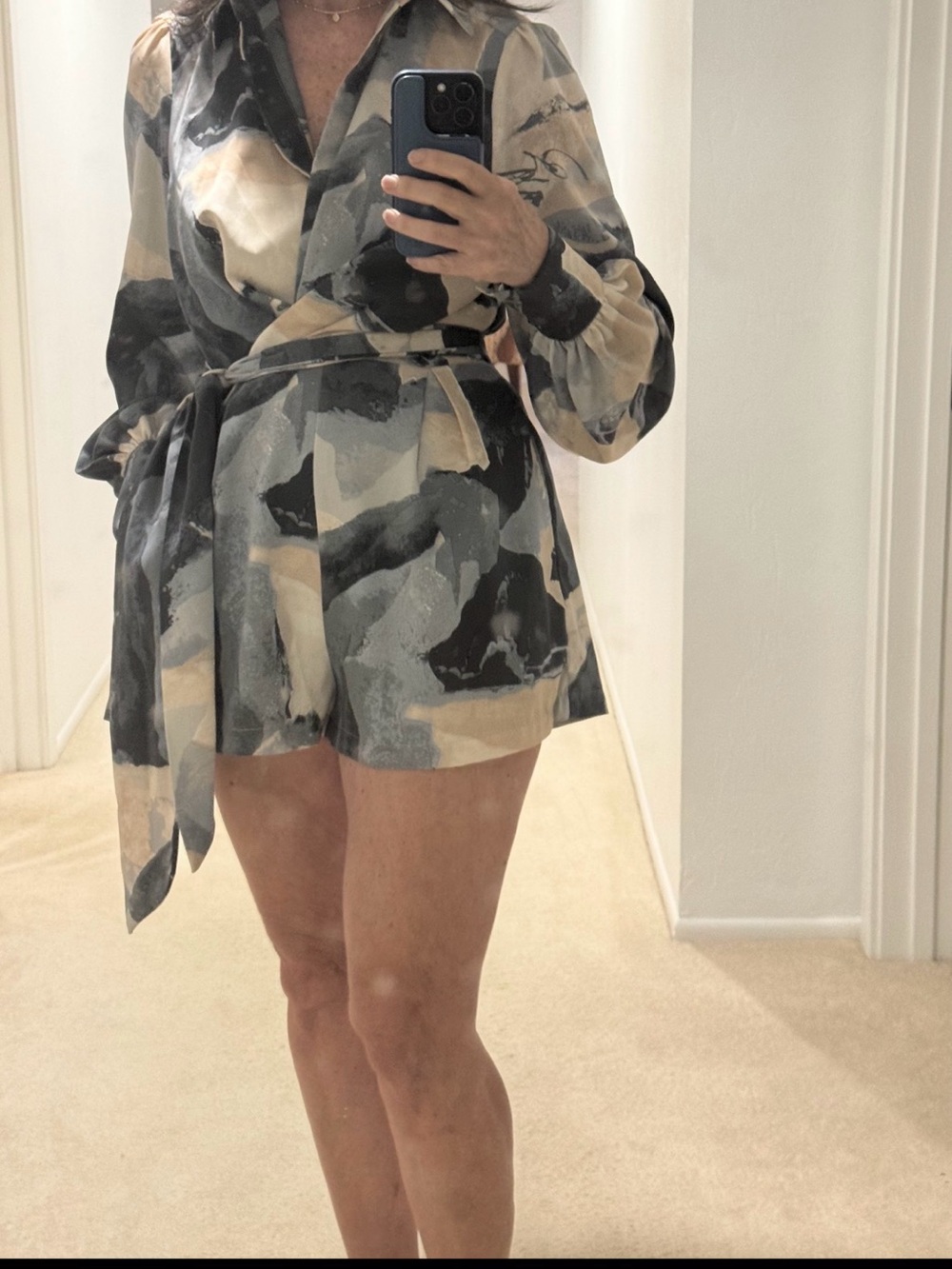 Luxxel Abstract Gray Watercolor Romper in Black, Gray & Beige